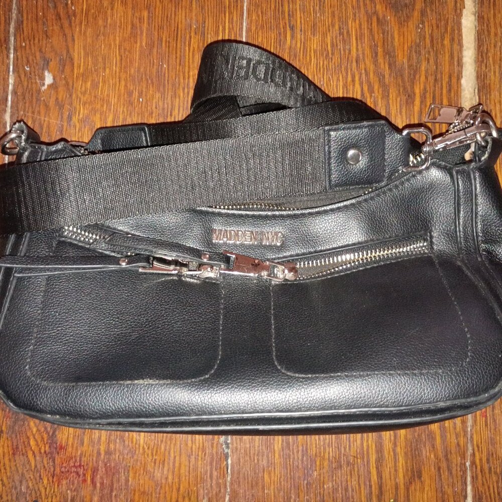 pebbled faux leather crossbody bag by Madden NYC, featuring silver-tone hardware